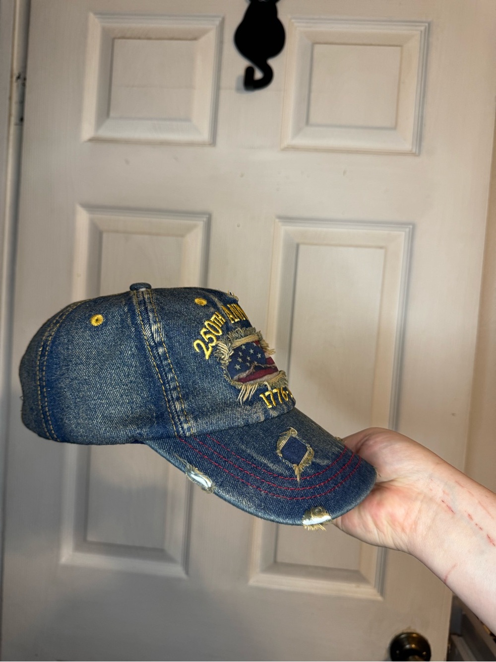 Distressed Denim 250th Anniversary Baseball Cap - Blue with Flag Patch - Picture 4 of 6